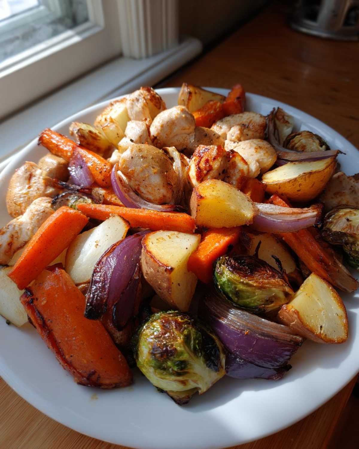 A white plate filled with roasted chicken chunks and colorful vegetables from Sheet Pan Harvest Chicken and Veggies.