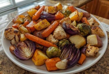 A white platter piled high with roasted chicken pieces, carrots, potatoes, red onion, and Brussels sprouts from Sheet Pan Harvest Chicken and Veggies.