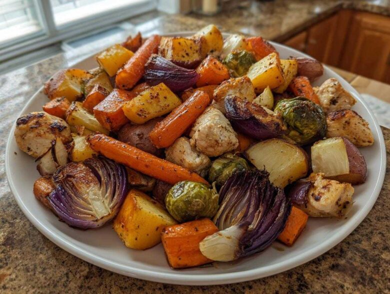 A white platter piled high with roasted chicken pieces, carrots, potatoes, red onion, and Brussels sprouts from Sheet Pan Harvest Chicken and Veggies.