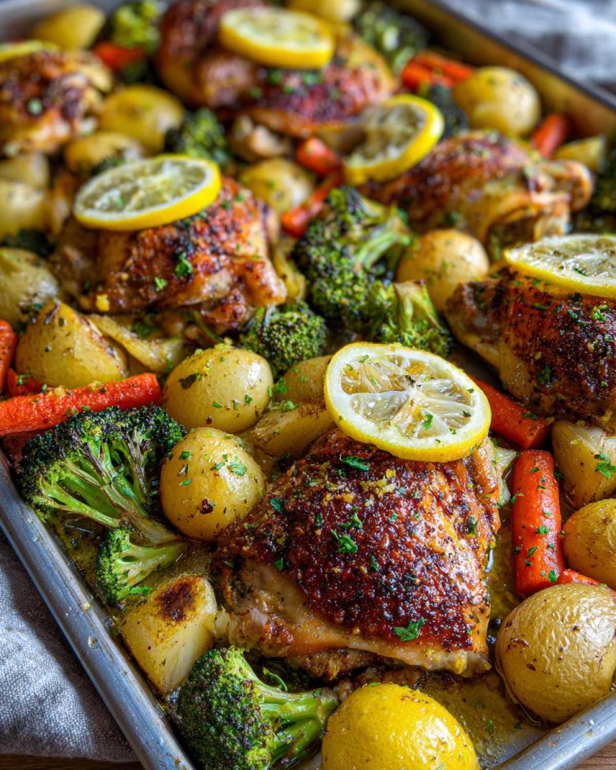 Close-up of crispy lemon herb chicken thighs roasted with potatoes, broccoli, and carrots on a sheet pan.
