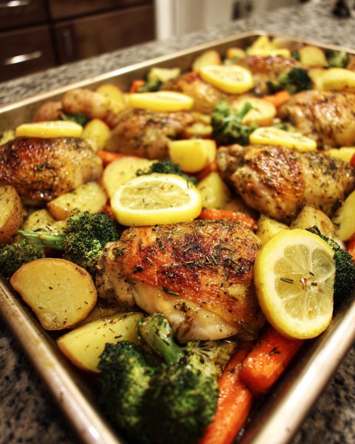 Sheet pan roasted chicken thighs with potatoes, carrots, broccoli, and lemon slices, perfect for when your kitchen starts feeling like.