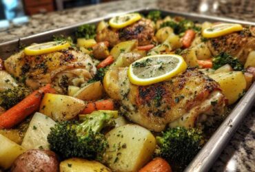 Close-up of roasted chicken thighs with crispy skin, potatoes, carrots, and broccoli on a sheet pan, garnished with lemon slices.