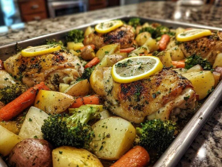 Close-up of roasted chicken thighs with crispy skin, potatoes, carrots, and broccoli on a sheet pan, garnished with lemon slices.