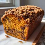 Close-up of a freshly baked simple pumpkin chocolate chip streusel bread loaf with a thick crumb topping.