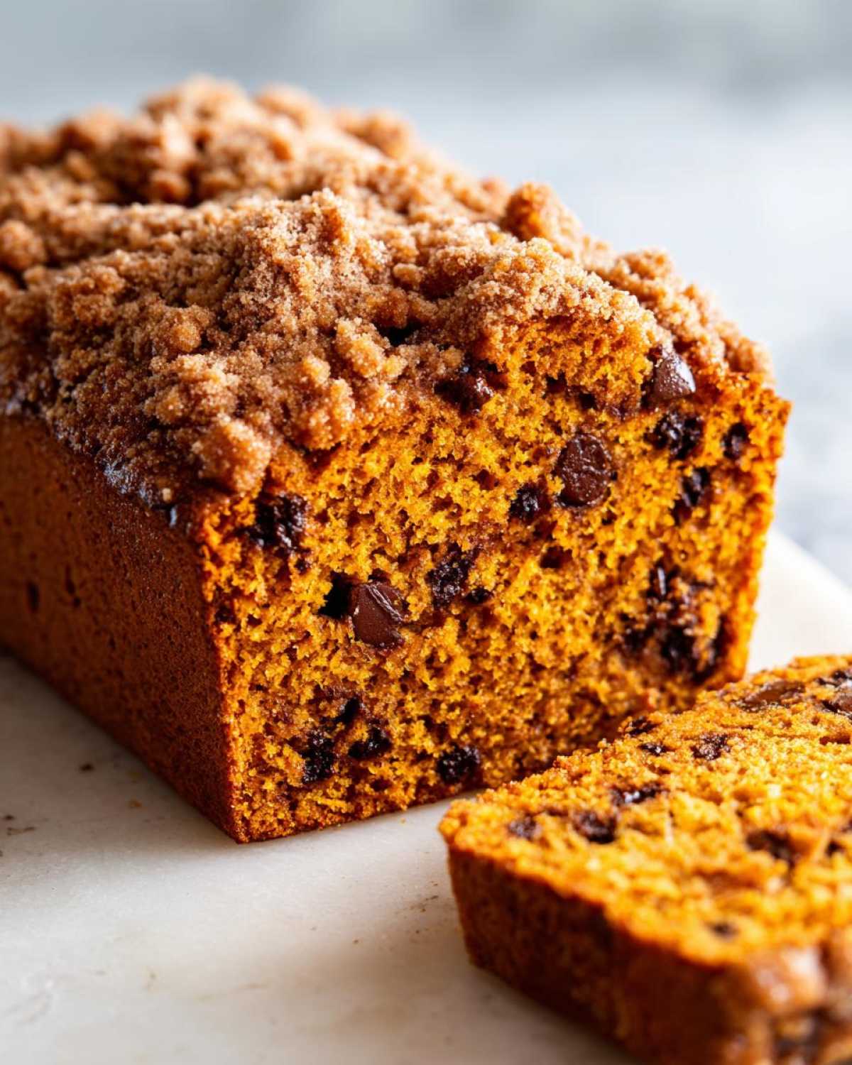 Close-up of a moist simple pumpkin chocolate chip streusel bread loaf with a slice cut off.