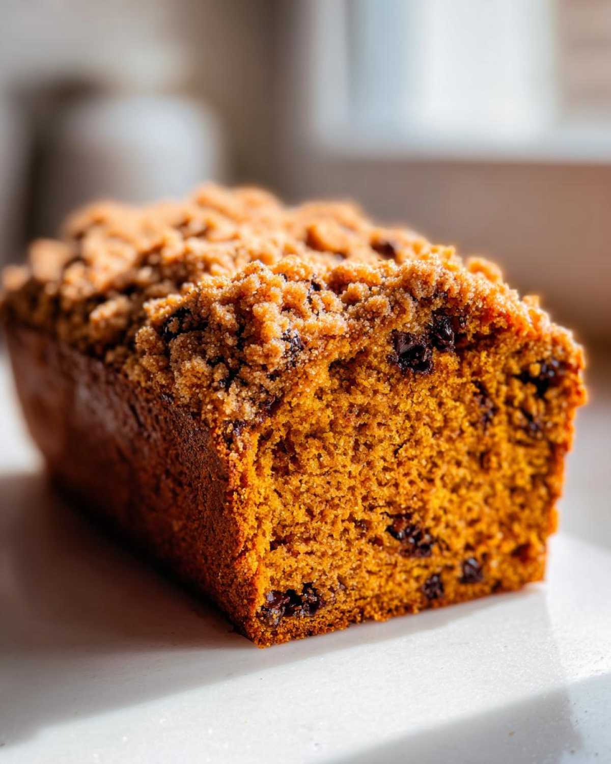 A close-up, angled shot of a freshly baked simple pumpkin chocolate chip streusel bread loaf with a thick, crumbly topping.