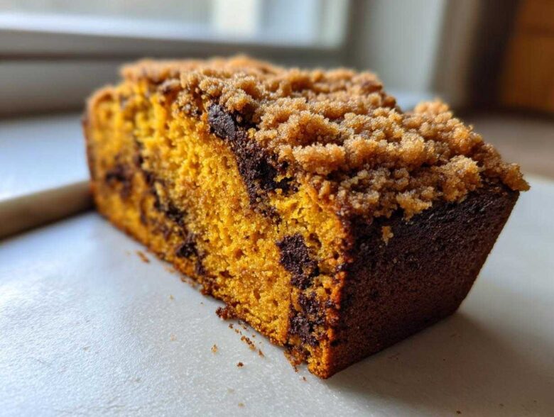 Close-up of a slice of simple pumpkin chocolate chip streusel bread showing the moist orange crumb and brown sugar topping.
