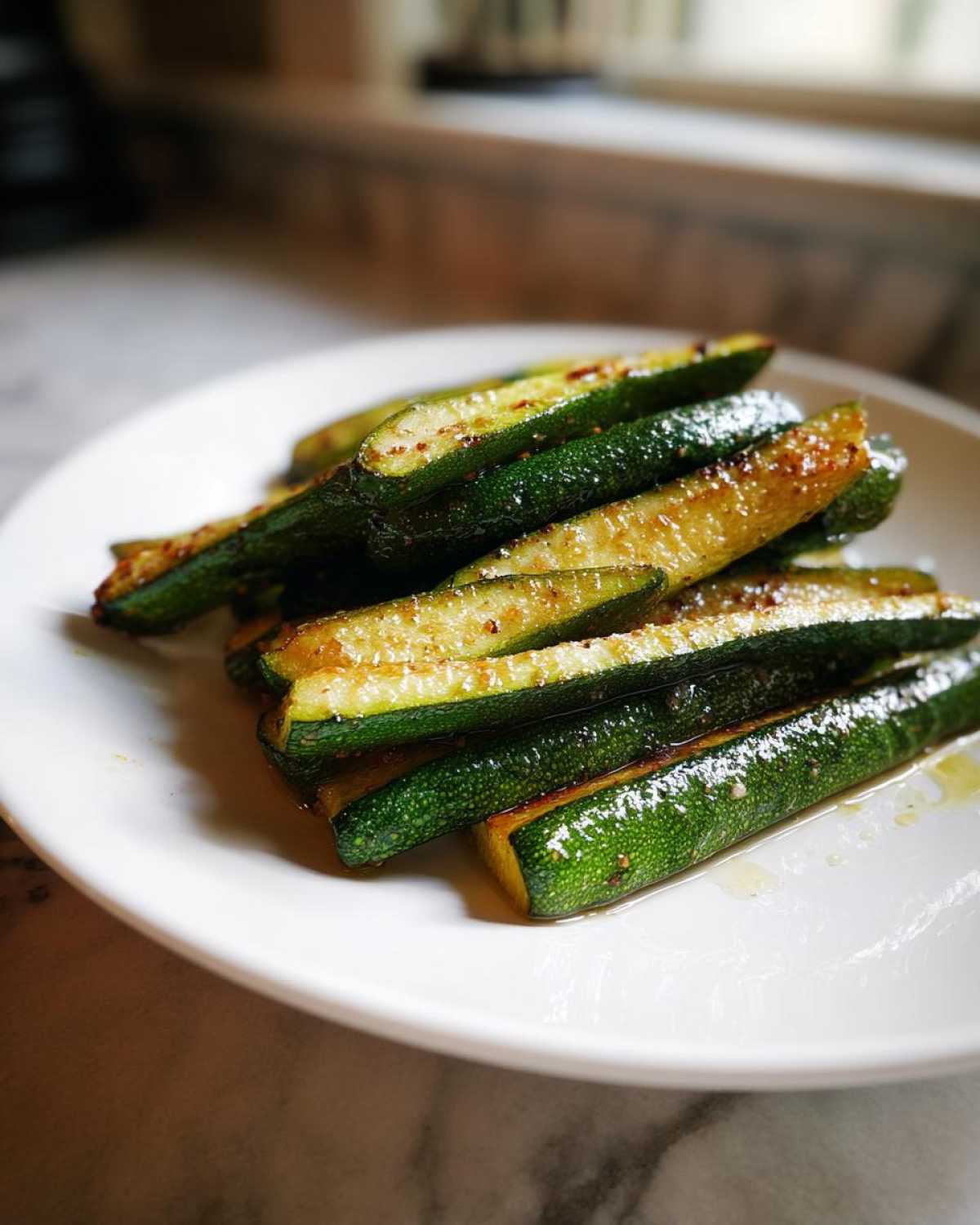 A close-up of seasoned Simple Roasted Zucchini Spears piled on a white plate, showing glistening, slightly browned edges.