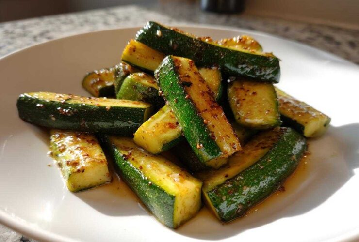 A close-up of glistening Simple Roasted Zucchini Spears seasoned with spices, piled on a white plate.