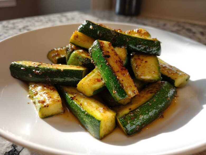 A close-up of glistening Simple Roasted Zucchini Spears seasoned with spices, piled on a white plate.