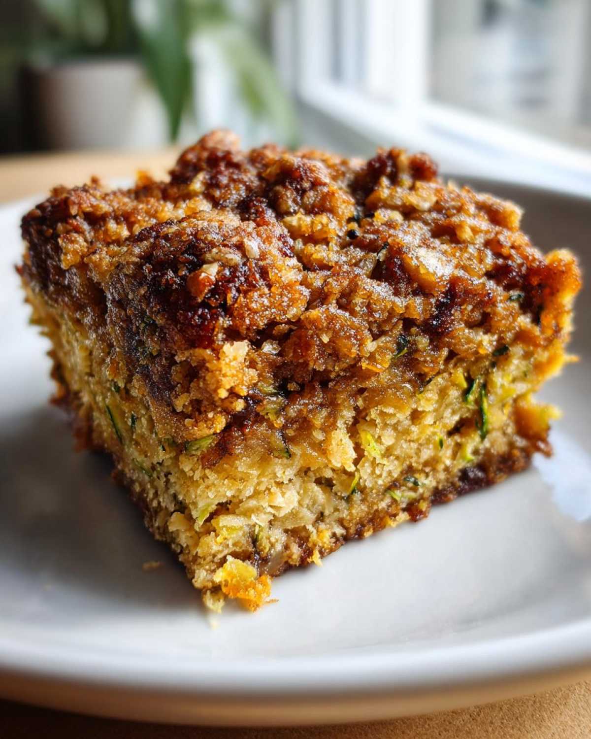 A close-up, appetizing shot of a single square Zucchini Crumble Bar with a thick, dark brown streusel topping.