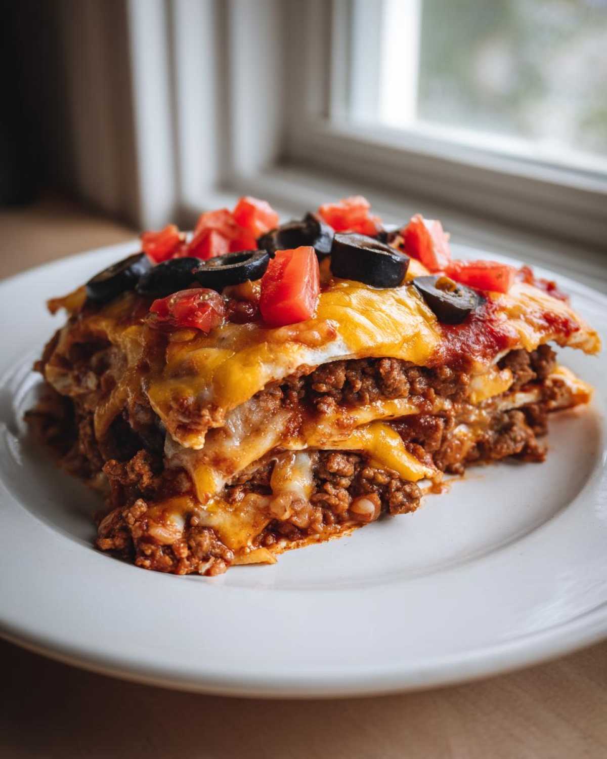 A thick slice of 8-layer mexican pizza layered with ground beef, melted cheese, topped with diced tomatoes and black olives.