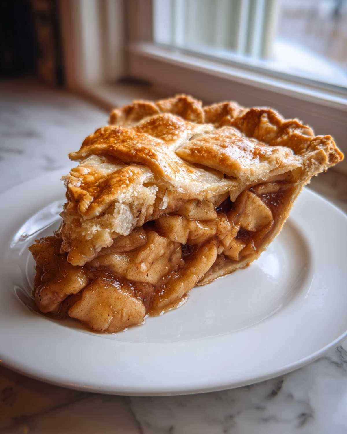A close-up of a thick slice of apple pie recipe showing flaky lattice crust and cinnamon-spiced apple filling.