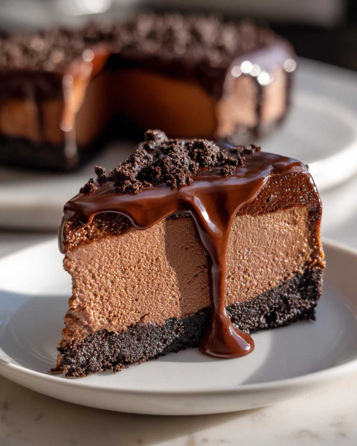 Close-up of a rich slice of chocolate cheesecake with a thick chocolate drizzle and cookie crumbs.