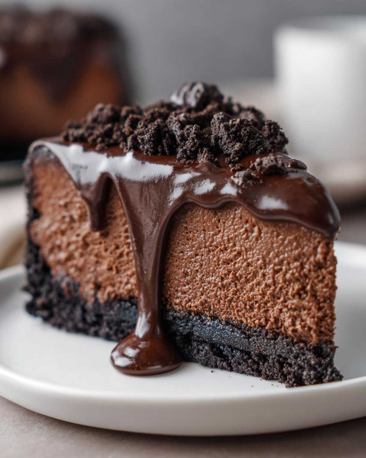 A rich slice of chocolate cheesecake with a thick chocolate fudge drizzle and cookie crumbs on top.