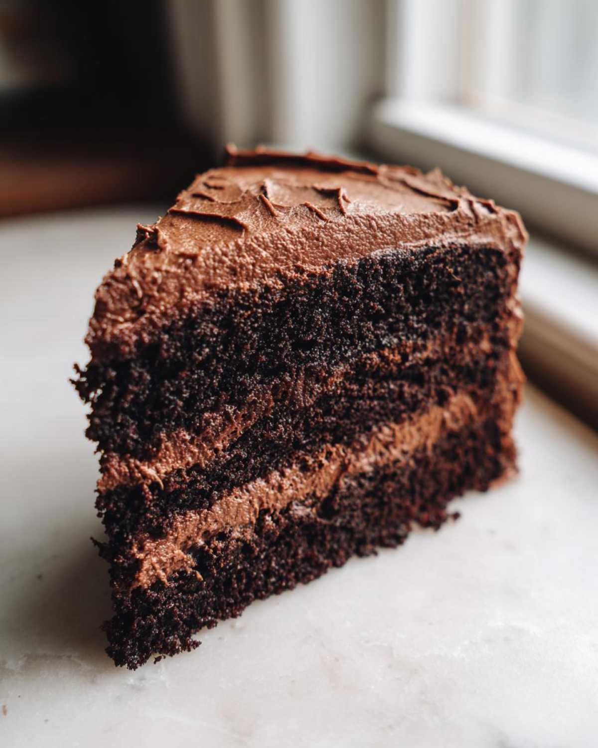 A close-up of a moist slice of homemade chocolate cake with thick layers of chocolate frosting.