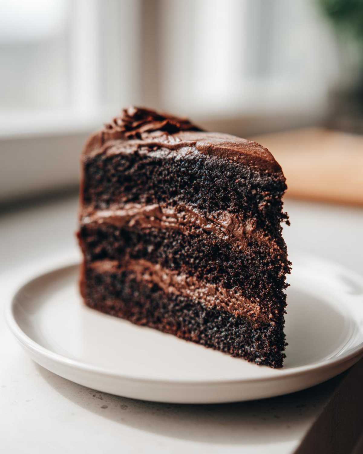 A decadent slice of homemade chocolate cake with three layers of dark cake and thick chocolate frosting.