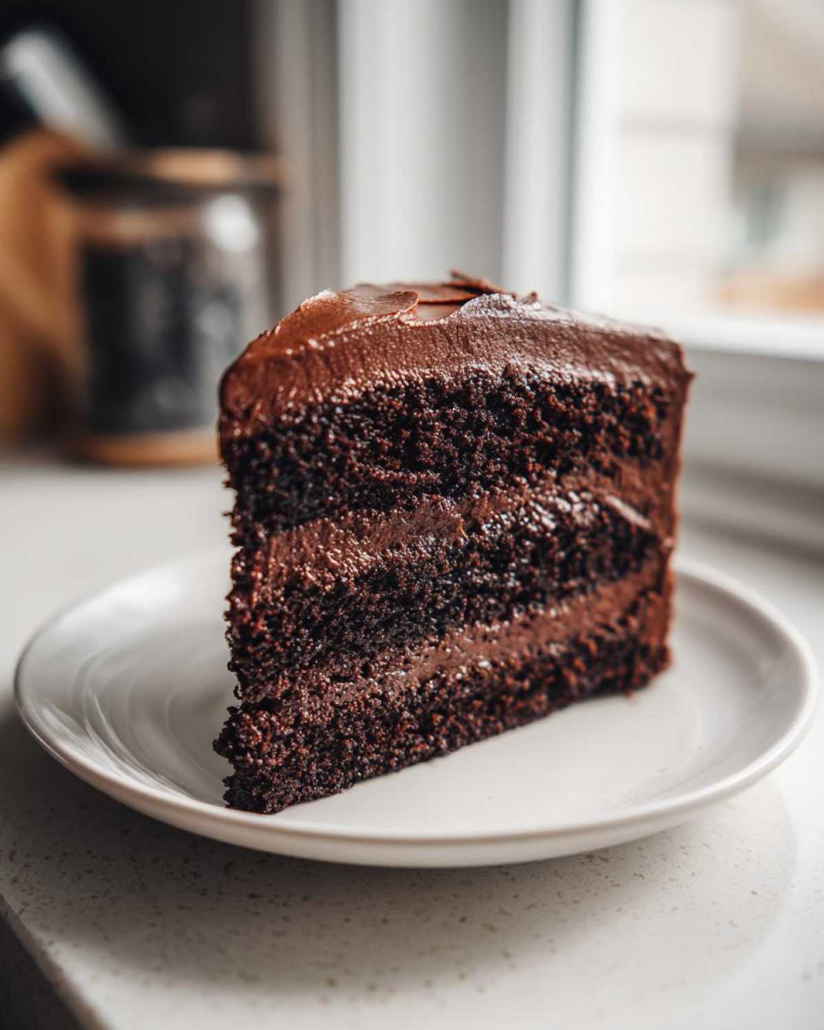 A tall slice of moist homemade chocolate cake layered with thick chocolate frosting, sitting on a white plate.