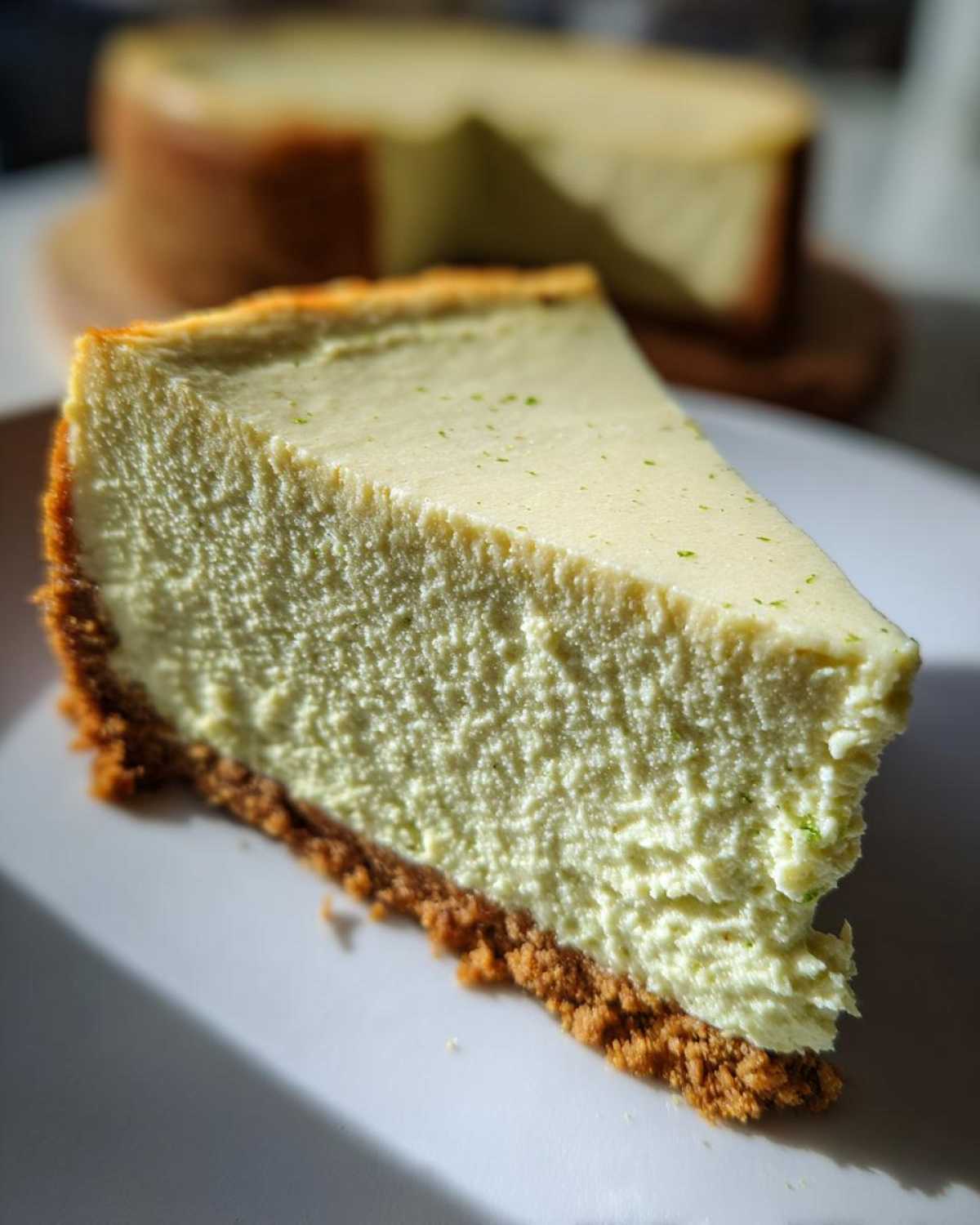 Close-up of a perfect slice of creamy key lime cheesecake showing the thick graham cracker crust and lime zest topping.