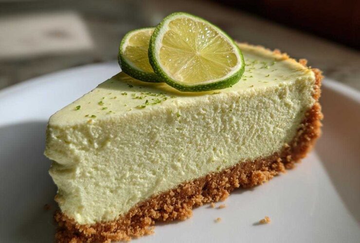 A close-up of a perfect slice of creamy key lime cheesecake on a white plate, topped with lime zest and two thin lime slices.