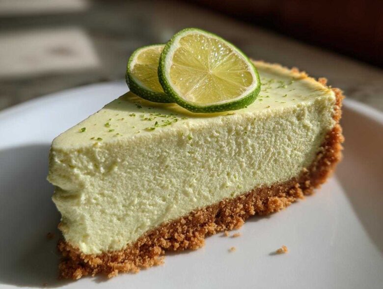 A close-up of a perfect slice of creamy key lime cheesecake on a white plate, topped with lime zest and two thin lime slices.