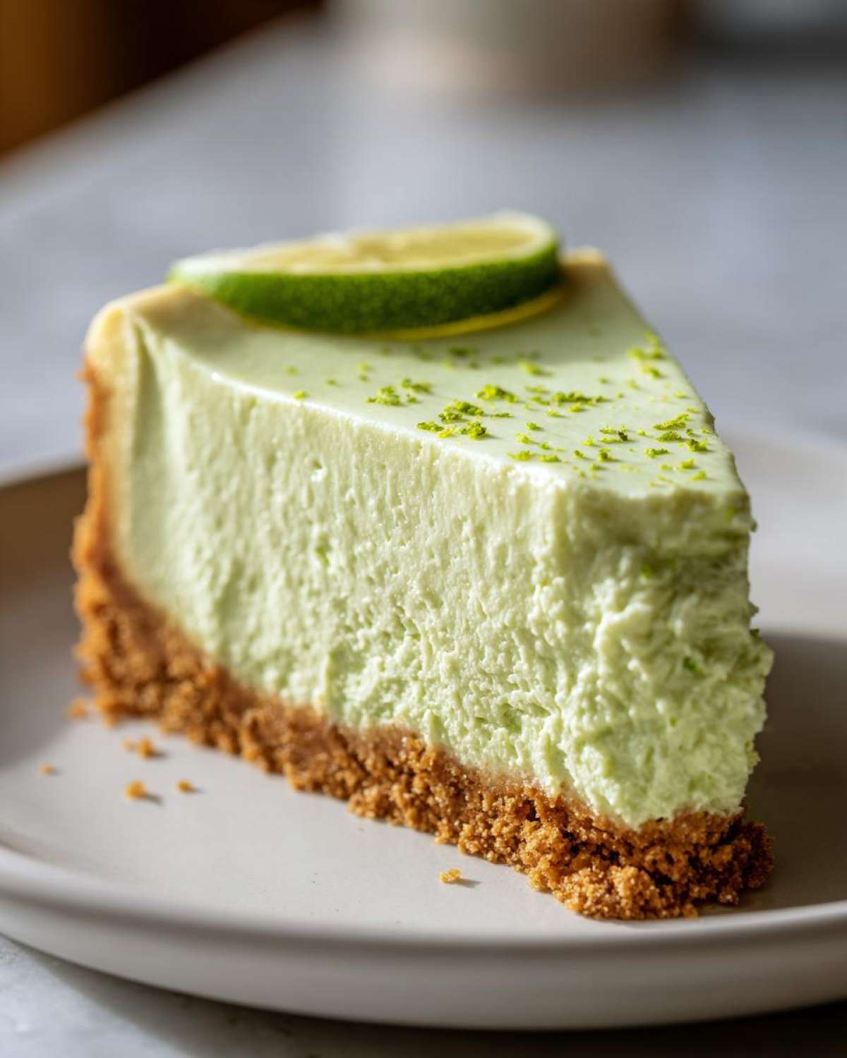 A close-up of a perfect slice of creamy, light green key lime cheesecake on a white plate, topped with lime zest and a lime slice.