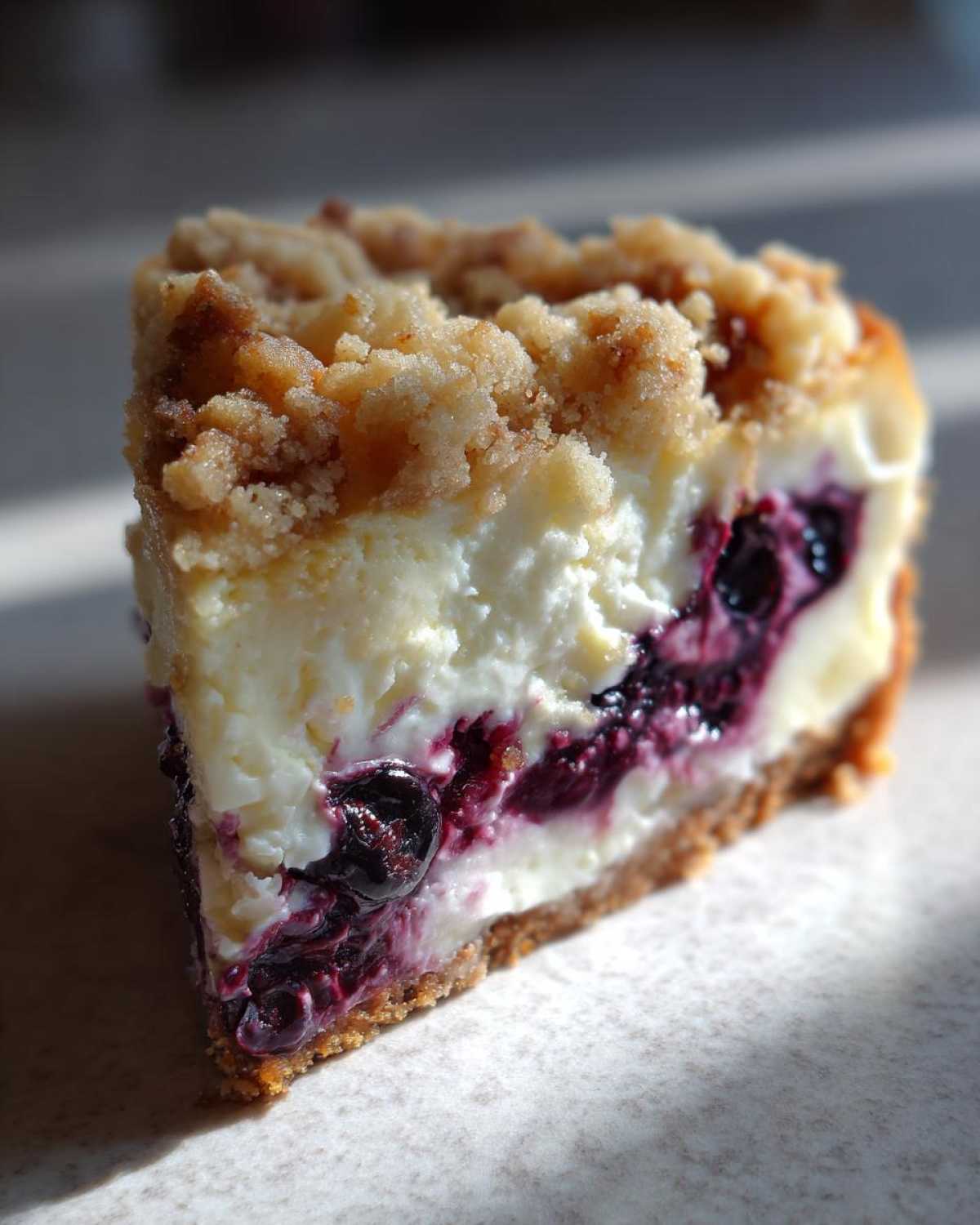 Close-up of a perfect slice of lemon blueberry crumble cheesecake showing the creamy filling and fruit layer.