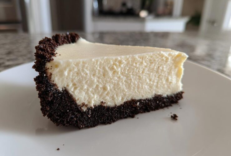 A perfect slice of creamy No bake cheesecake featuring a thick, dark chocolate cookie crust.