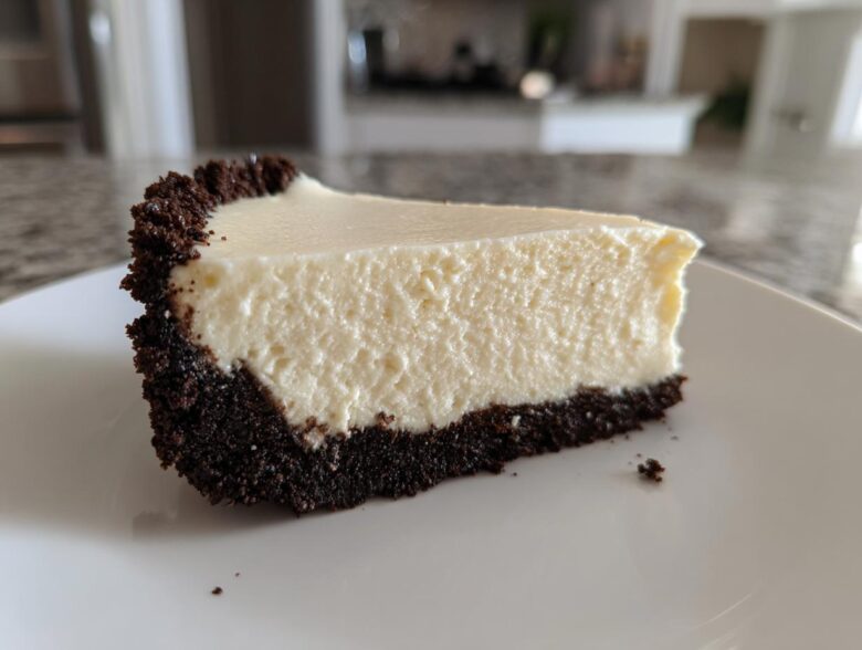 A perfect slice of creamy No bake cheesecake featuring a thick, dark chocolate cookie crust.