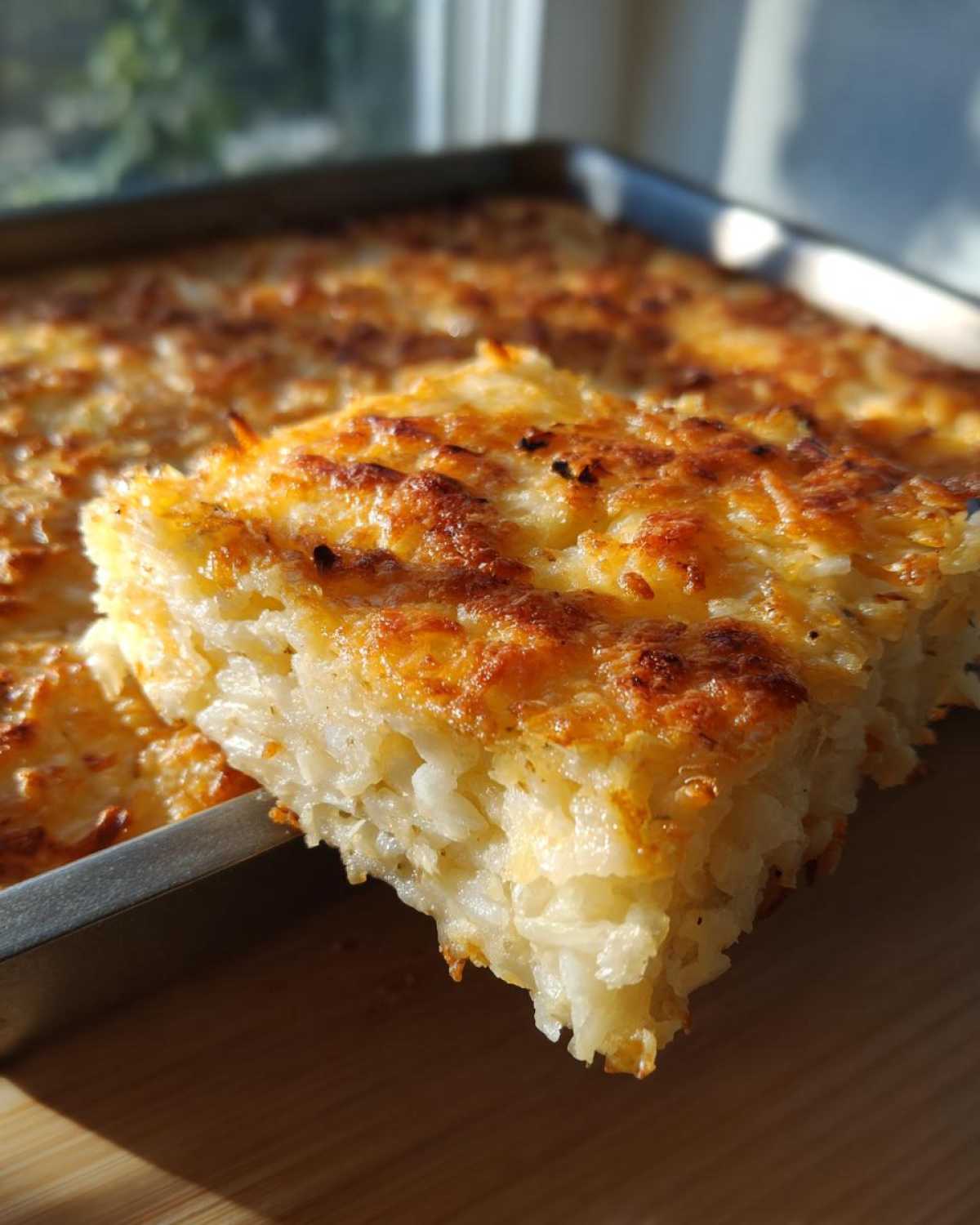 A thick, golden-brown slice of cheesy hashbrown casserole being lifted from the baking pan.
