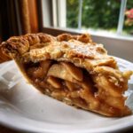 Close-up of a perfect slice of apple pie recipe showing flaky crust and cinnamon-spiced apple filling.