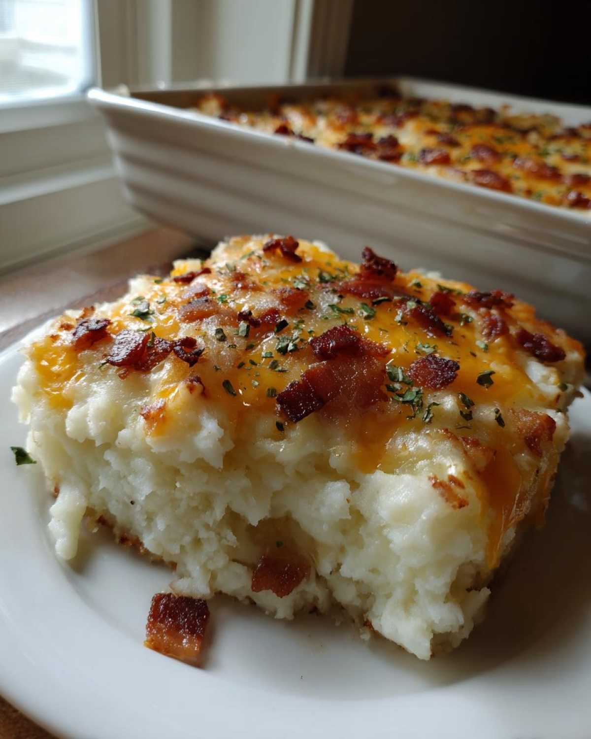 A generous slice of baked potato casserole topped with melted cheddar cheese, bacon bits, and herbs on a white plate.