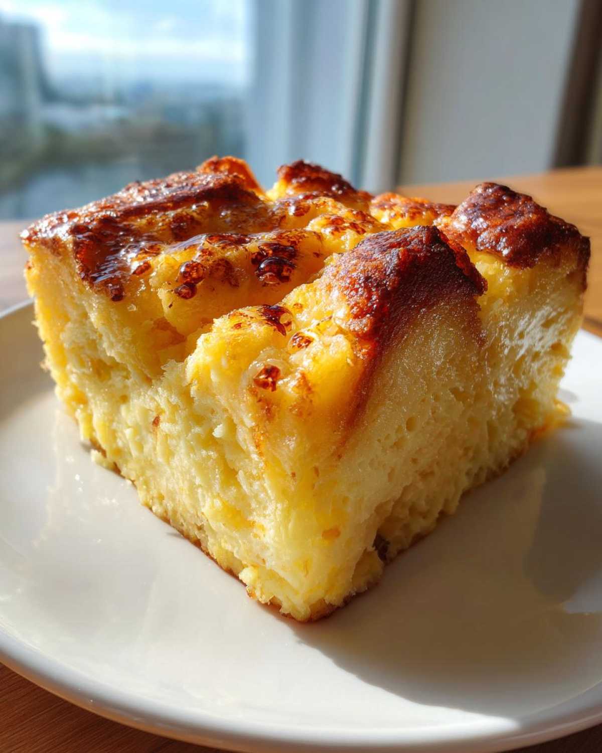 A square slice of baked overnight french toast with a golden, caramelized top, served on a white plate.