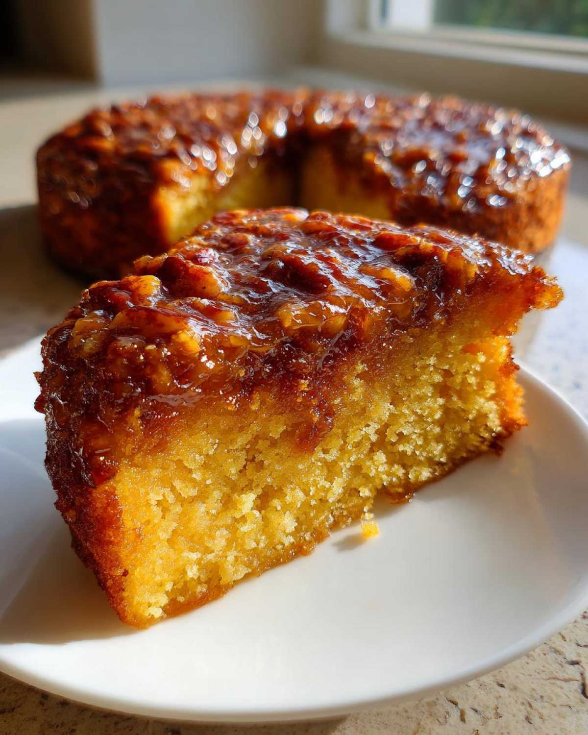 A close-up slice of moist pecan upside down cake with a glossy, caramelized topping, with the rest of the cake blurred in the background.