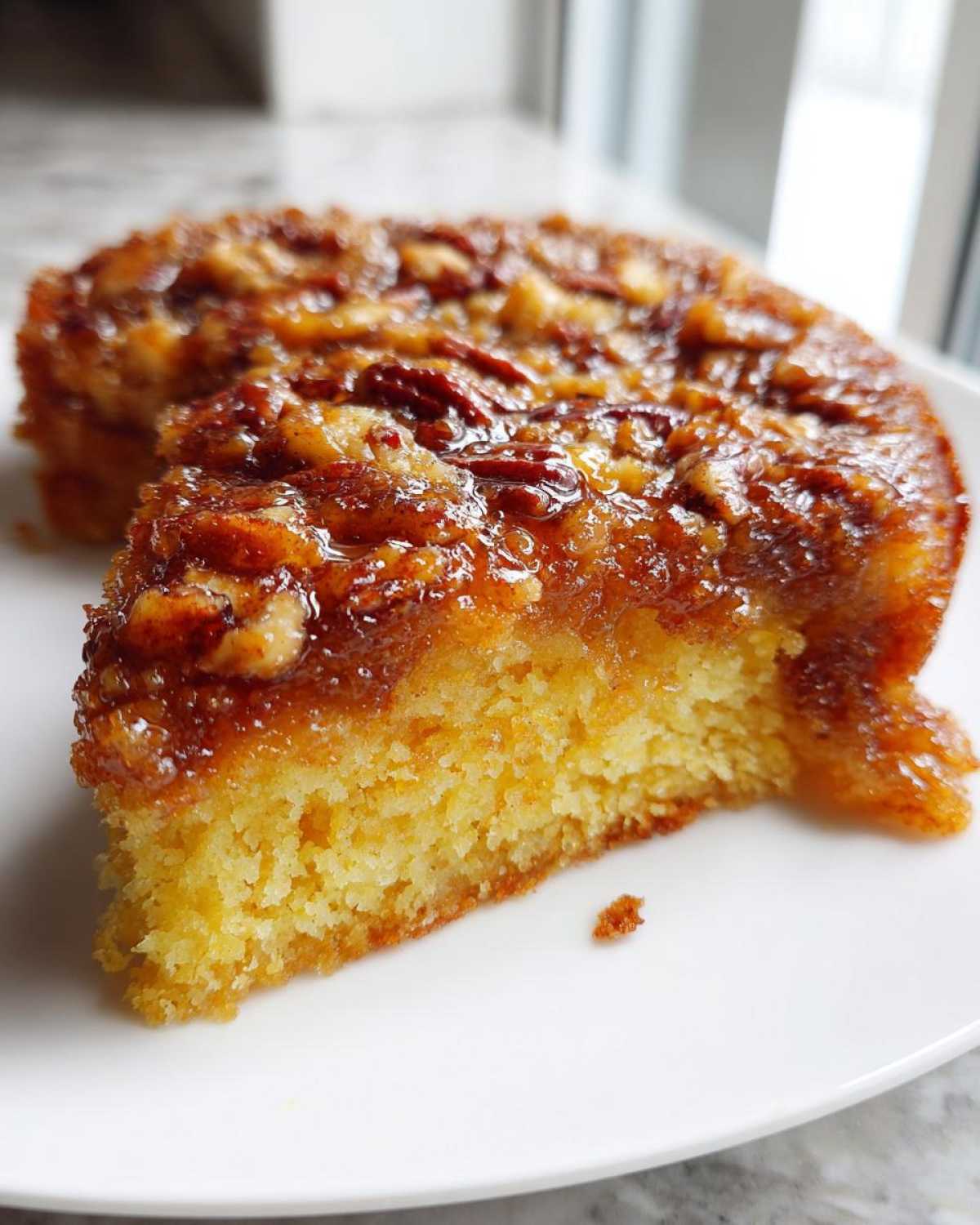 A close-up slice of moist pecan upside down cake showing the golden crumb and sticky, caramelized pecan topping.