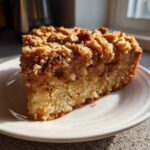 A close-up of a slice of super easy apple crisp coffee cake with a thick, crumbly topping, served on a white plate.