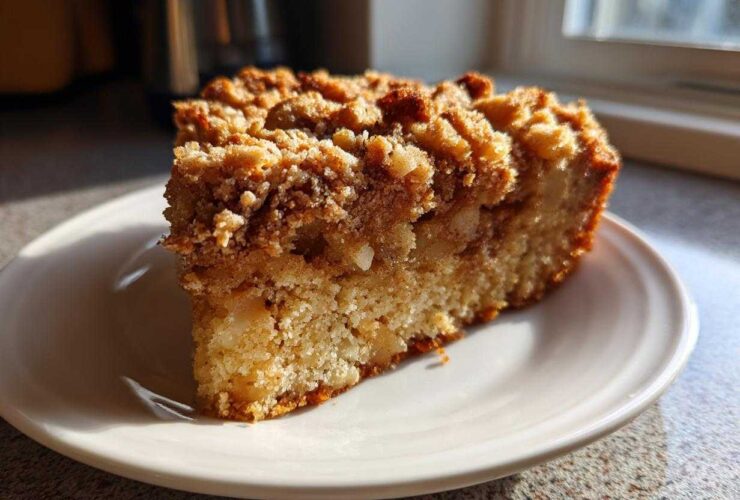 A close-up of a slice of super easy apple crisp coffee cake with a thick, crumbly topping, served on a white plate.