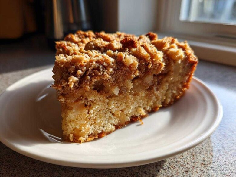 A close-up of a slice of super easy apple crisp coffee cake with a thick, crumbly topping, served on a white plate.