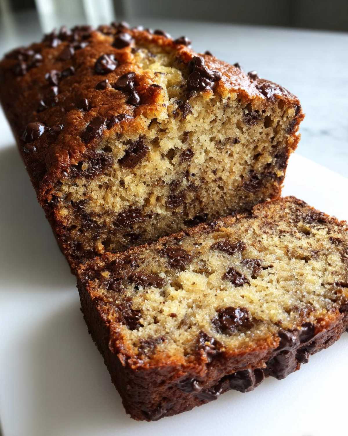 A close-up view of a freshly baked chocolate chip banana bread loaf, with one slice cut and resting against the main loaf.