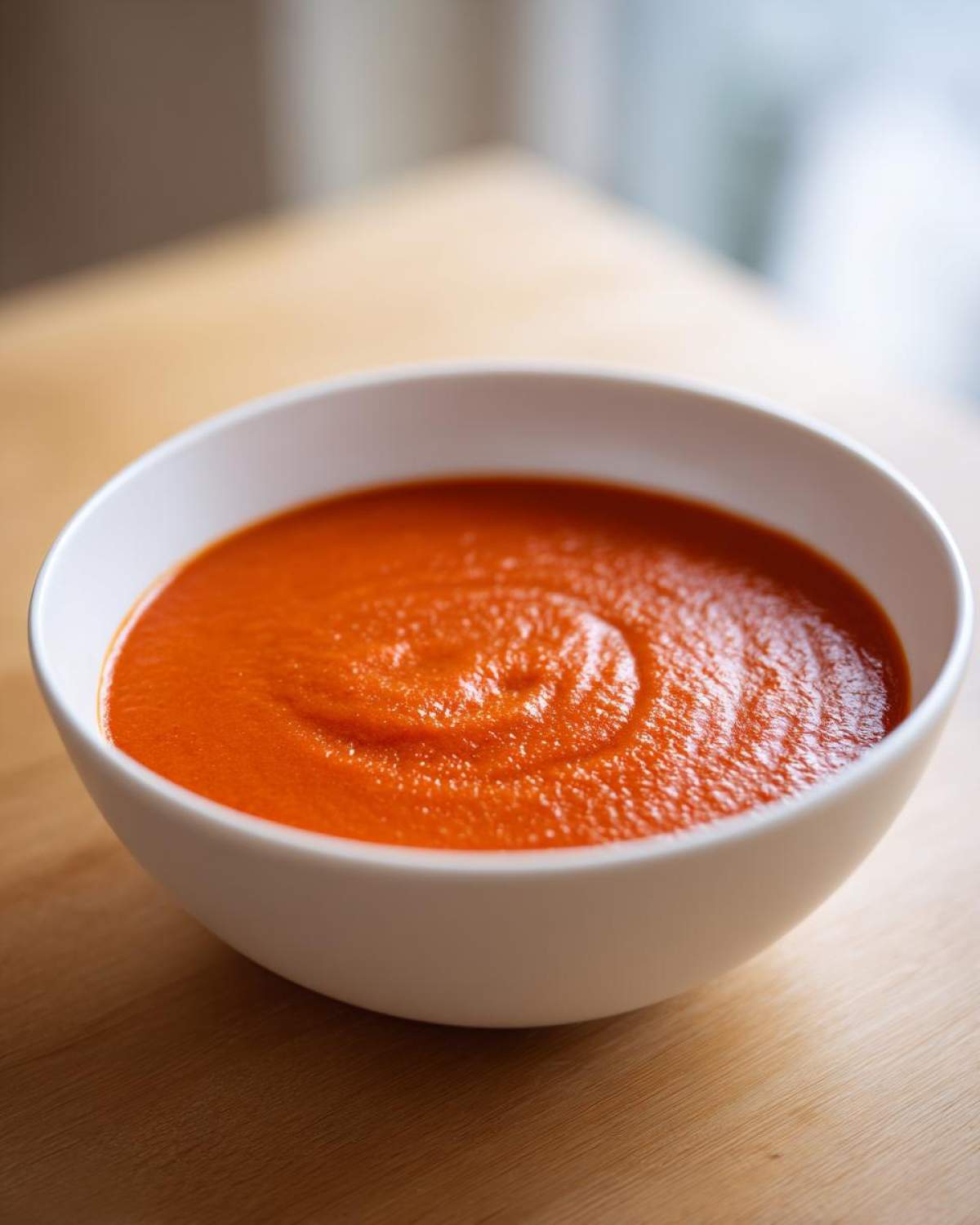 Close-up of a white bowl filled with rich, creamy Tomato Soup, showing a swirl pattern on the surface.