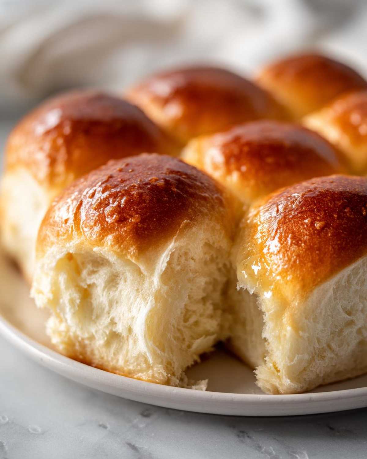 Close-up of freshly baked, soft, buttery rolls with a shiny golden-brown glaze, one roll pulled apart showing the fluffy interior.
