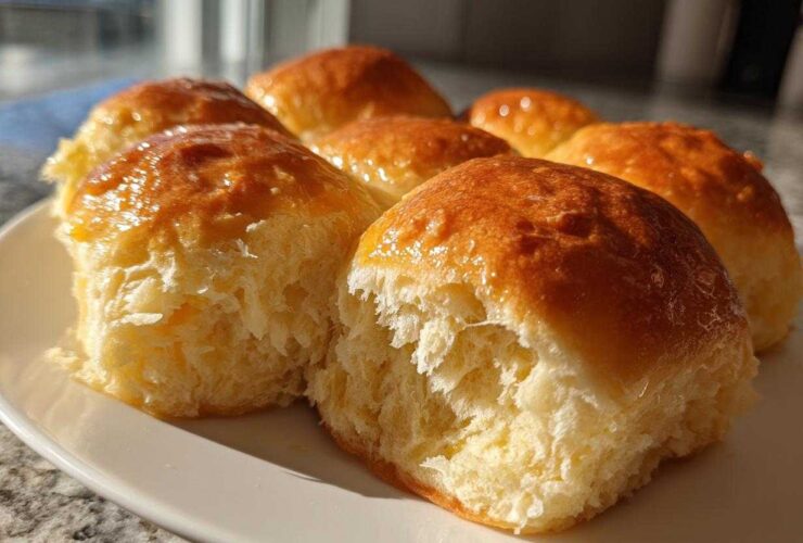 A cluster of freshly baked, soft buttery rolls with a shiny golden-brown top, showing the fluffy interior.