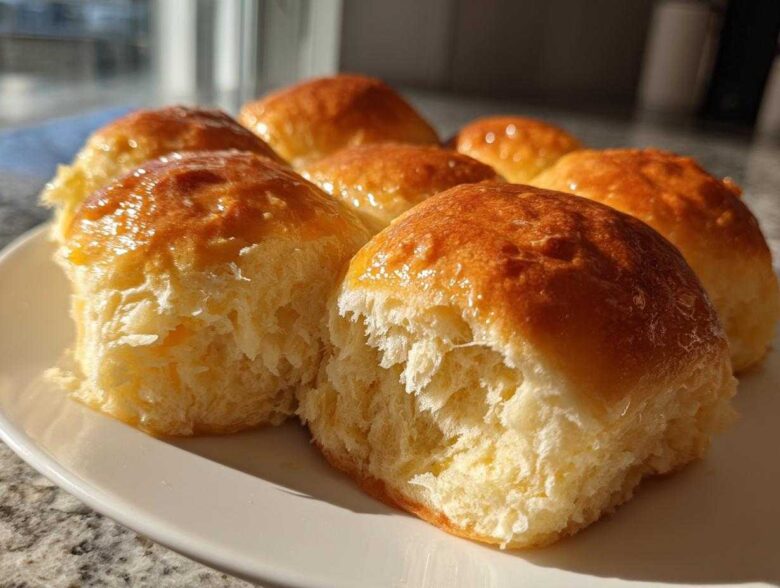 A cluster of freshly baked, soft buttery rolls with a shiny golden-brown top, showing the fluffy interior.