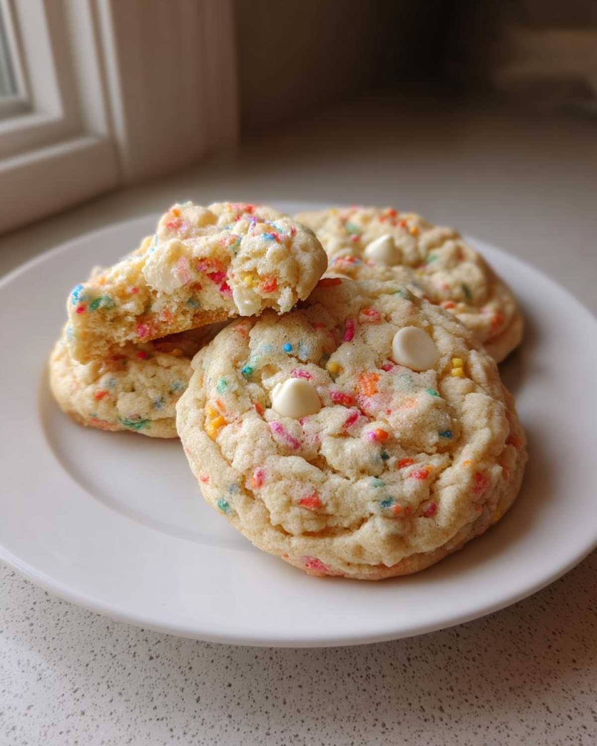 Three soft cake batter cookies piled on a white plate, one broken open to show the colorful sprinkles inside.