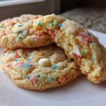 Close-up of soft cake batter cookies loaded with colorful sprinkles and white chocolate chips.