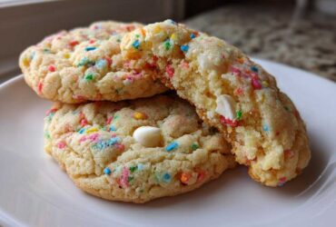Close-up of soft cake batter cookies loaded with colorful sprinkles and white chocolate chips.