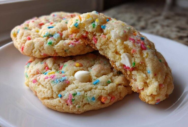 Close-up of soft cake batter cookies loaded with colorful sprinkles and white chocolate chips.