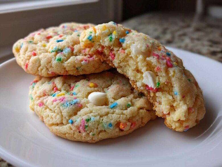 Close-up of soft cake batter cookies loaded with colorful sprinkles and white chocolate chips.