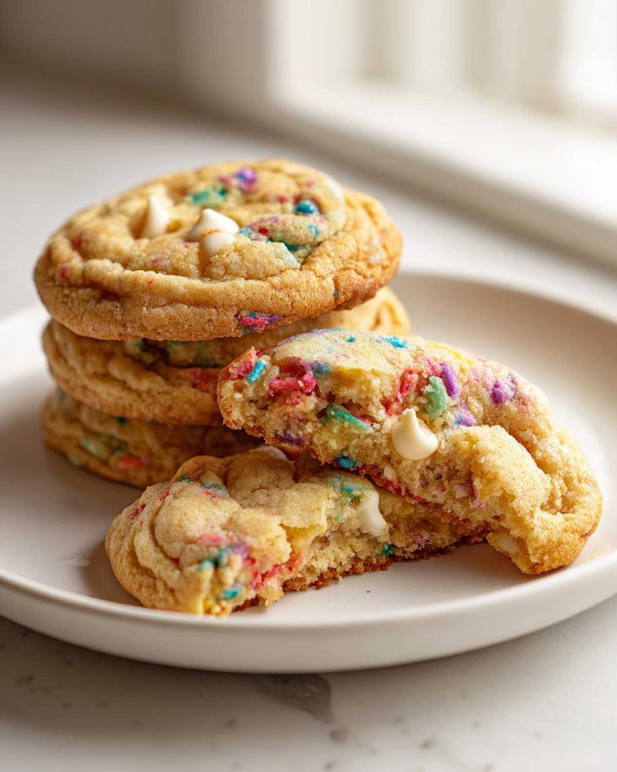 A stack of soft, colorful cake batter cookies with white chocolate chips, one broken open to show the texture.