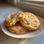 Three soft, thick cake batter cookies piled on a white plate, featuring colorful sprinkles and white chocolate chips.